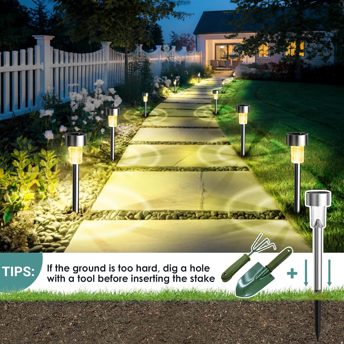 GIGALUMI Solar Lights Outdoor Waterproof, 12 Pack, Stainless Steel LED Solar Garden Lights for