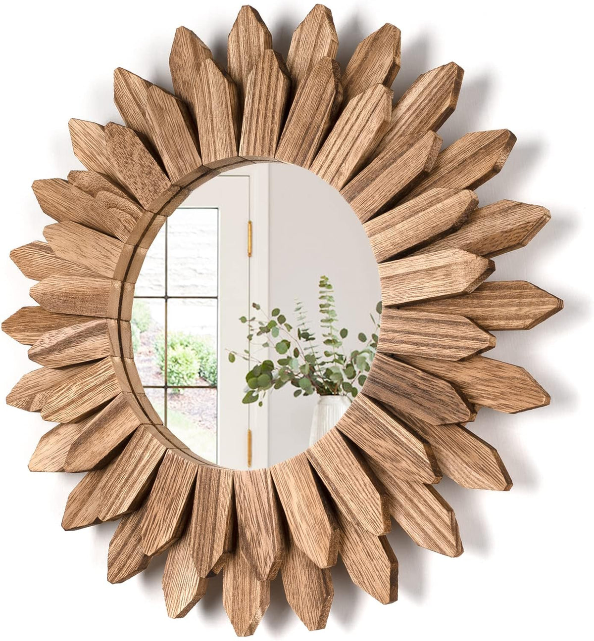 Honiway Wall Mirror Decorative 12 inch Rustic Wood Mirror Sunburst Boho Mirror for Entryway Bedroom