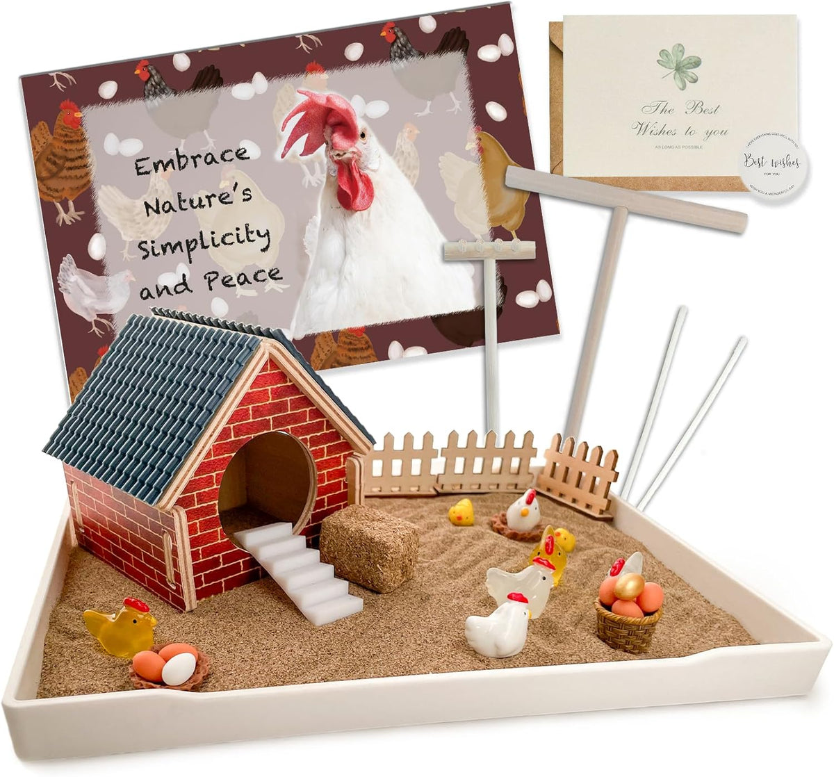 Threeheng Chicken Zen Garden Kit - Sand Tray Therapy Kit with Miniature Chicken Coop, Hen