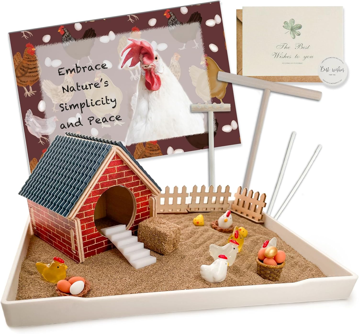 Threeheng Chicken Zen Garden Kit - Sand Tray Therapy Kit with Miniature Chicken Coop, Hen