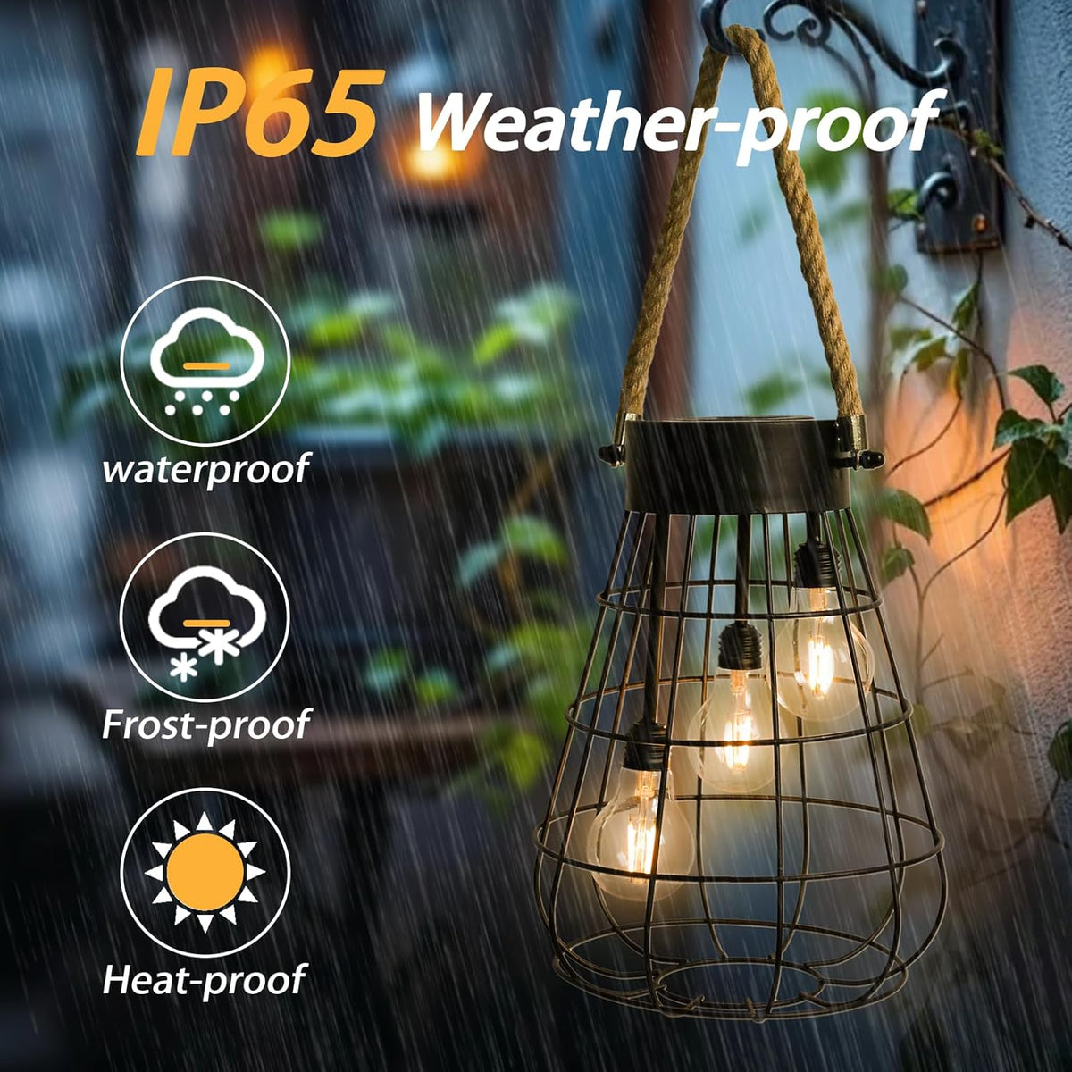 Solar Hanging Lantern with Rope, Vintage Industrial Pendant Light, 12.8" Solar Powered Outdoor