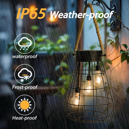Solar Hanging Lantern with Rope, Vintage Industrial Pendant Light, 12.8" Solar Powered Outdoor