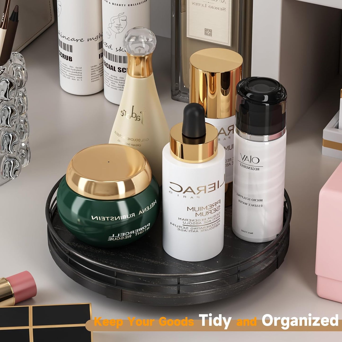 9" Oak Bathroom Vanity Tray Turntable for Perfume Candle, Round Wooden Decorative Tray for Kitchen