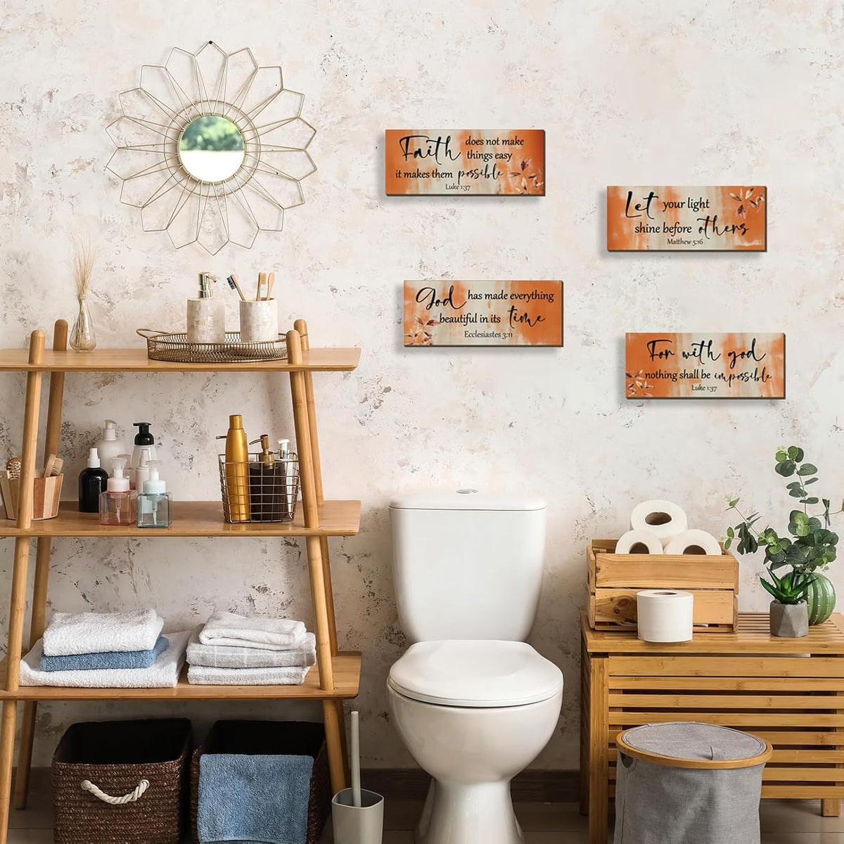 FENCORDAR 4 Pieces Orange Bathroom Decor Bible Verses Decor Wooden Orange Wall Decor Abstract