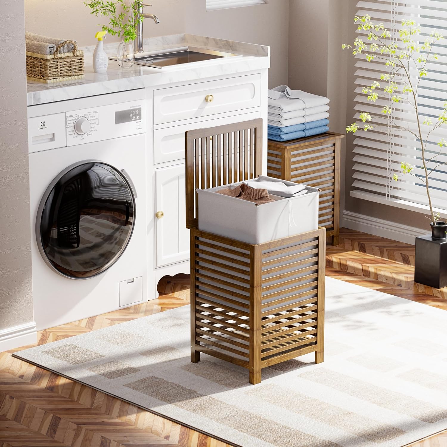 SMIBUY Double Laundry Hamper with Lid, 120L Bamboo Laundry Basket with Removable Liner Bag