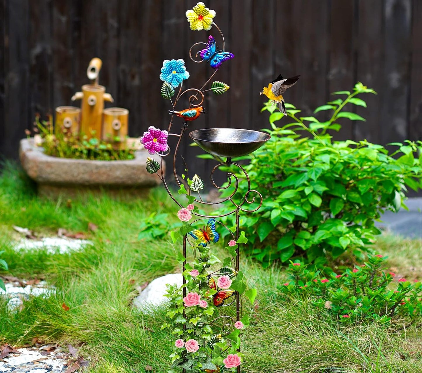 57" Height Metal Bird Bath with Trellis for Outdoor, Vintage Decorative Bird Baths, Small Garden