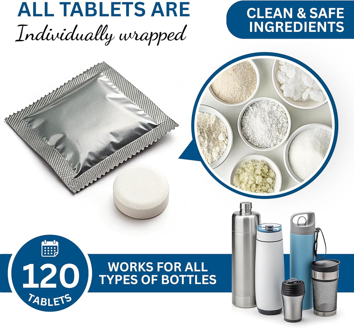 120-pcs Water Bottle Cleaner Tablets, Chlorine-free, Water Bottle cleaner, Tumbler washer and Glass