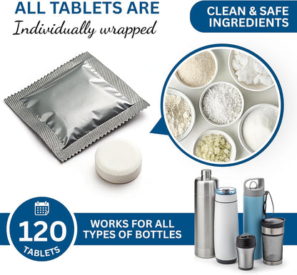 120-pcs Water Bottle Cleaner Tablets, Chlorine-free, Water Bottle cleaner, Tumbler washer and Glass