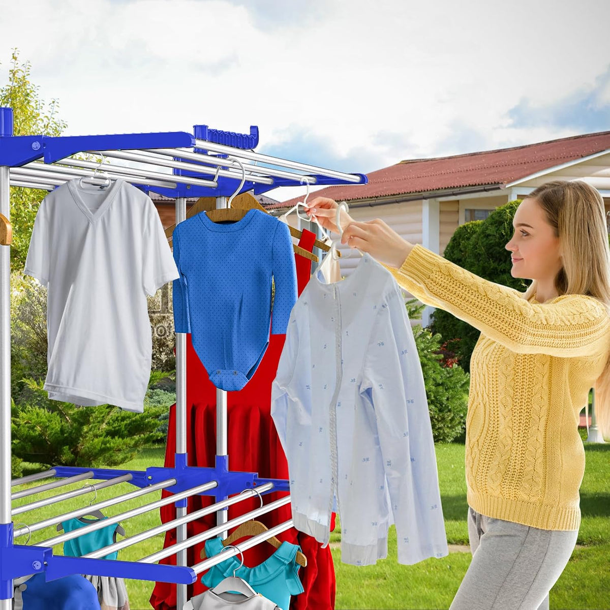 Bigzzia Clothes Drying Rack, 67.7 Inch Laundry Drying Rack with Foldable Base, 4 Tier Stainless