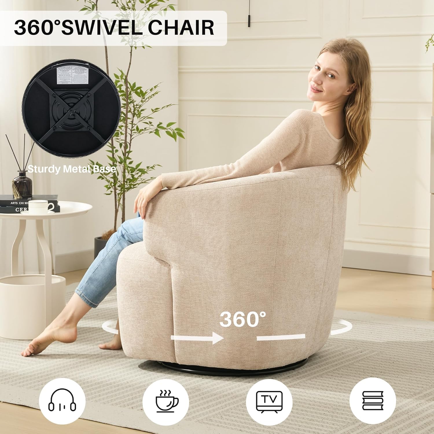 Swivel Accent Chair, Chenille Barrel Chair for Living Room, Cozy Round Boucle Arm Chair, Metal Base