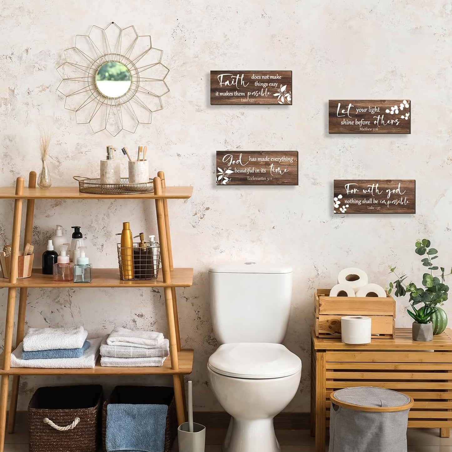 FENCORDAR 4 Pieces Brown Wall Decor Bible Verses Bathroom Decor Wooden Farmhouse Office Christian