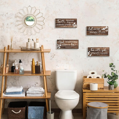 FENCORDAR 4 Pieces Brown Wall Decor Bible Verses Bathroom Decor Wooden Farmhouse Office Christian