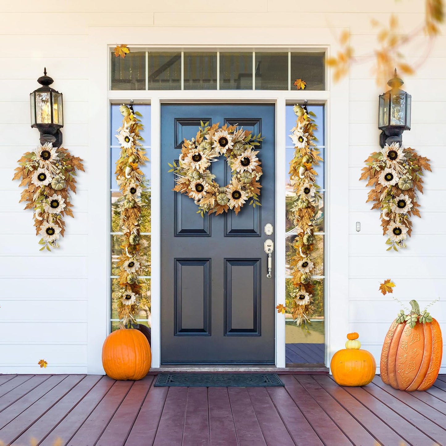 Glitzhome 24''D Artificial Fall Wreath for Front Door, Autumn Wreath with Sunflower, Pumpkin and