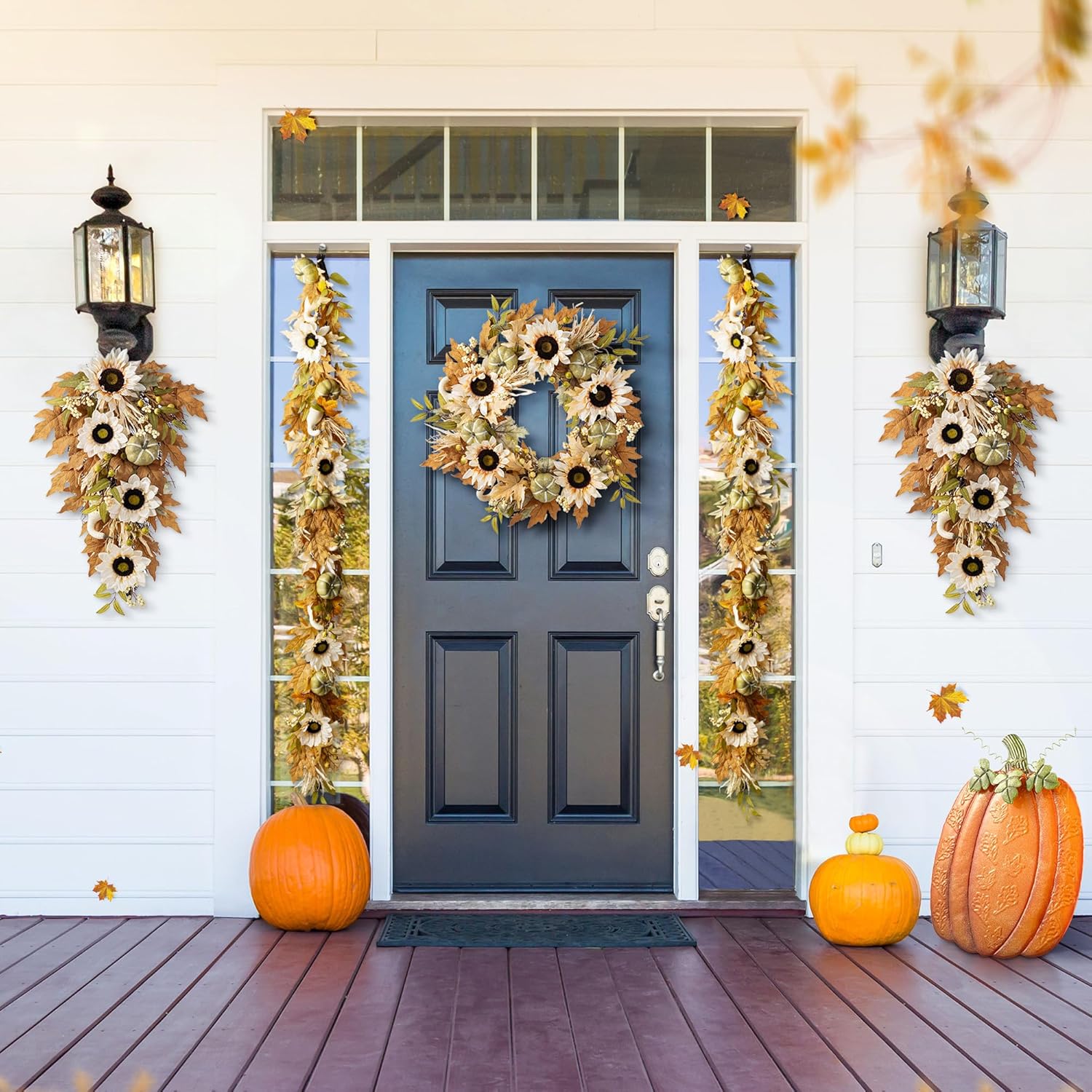 Glitzhome 24''D Artificial Fall Wreath for Front Door, Autumn Wreath with Sunflower, Pumpkin and