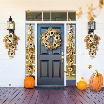 Glitzhome 24''D Artificial Fall Wreath for Front Door, Autumn Wreath with Sunflower, Pumpkin and