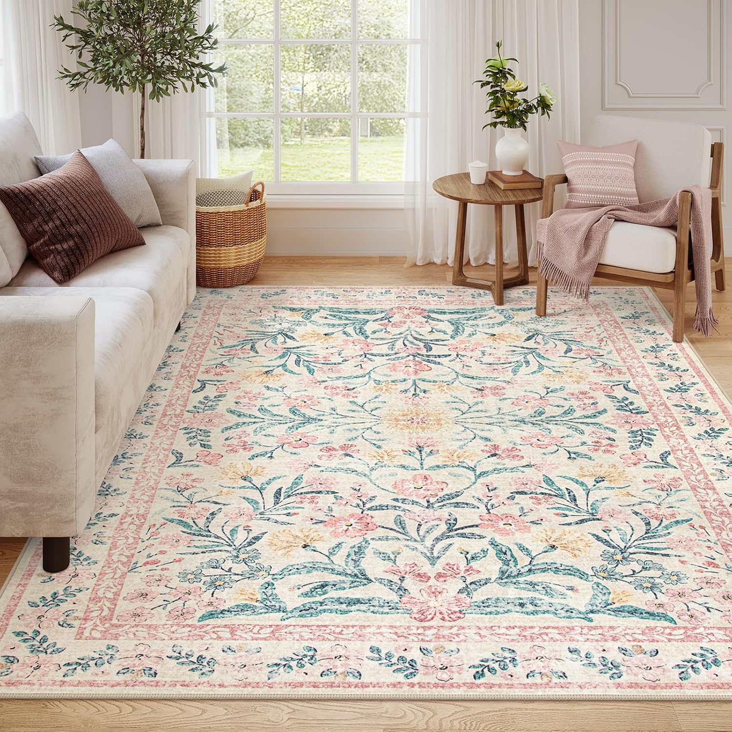 Wonnitar 8 x 10 Area Rugs for Living Room, Boho Large Washable Bedroom Rug 8x10, Soft Pink Floral