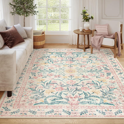 Wonnitar 8 x 10 Area Rugs for Living Room, Boho Large Washable Bedroom Rug 8x10, Soft Pink Floral