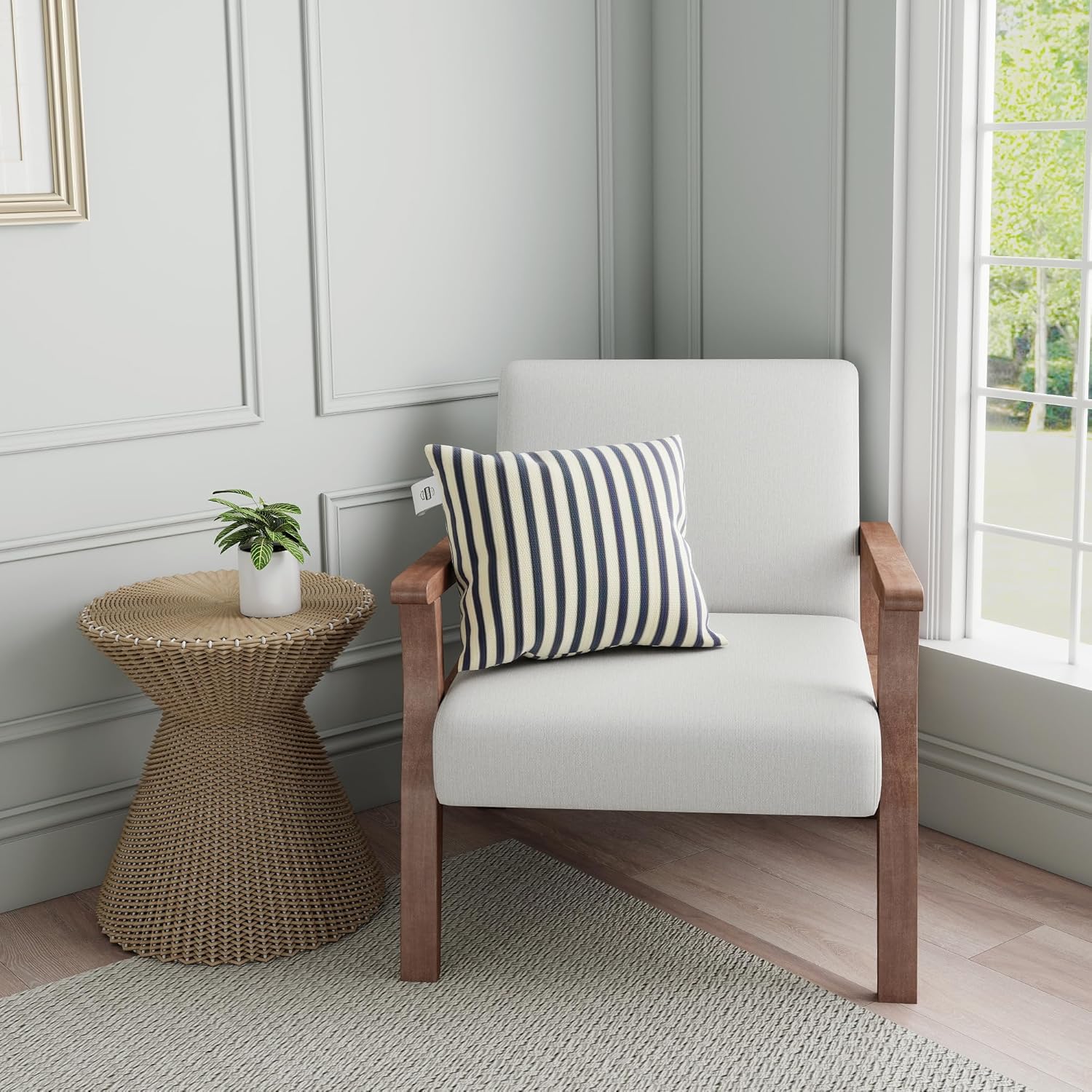 HNY Mid Century Armchair with Wood Frames, Linen Upholstered Living Room Arm Chair, for Living
