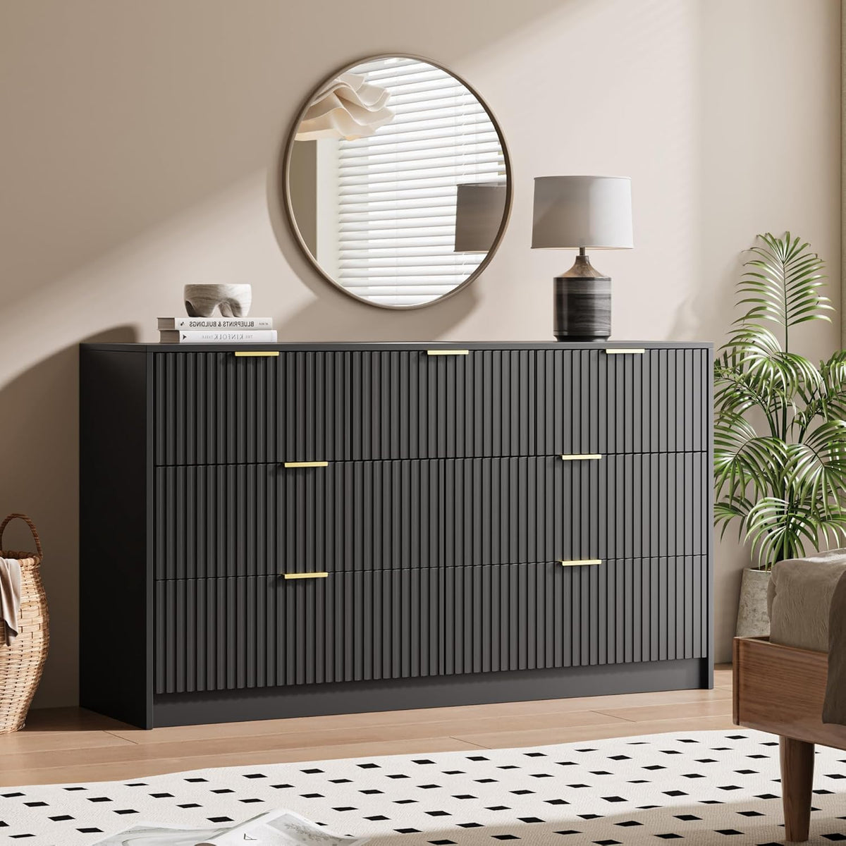 Black 7 Drawer Dresser for Bedroom, Modern Fluted Dresser with Gold Metal Handles, Wide Chest of