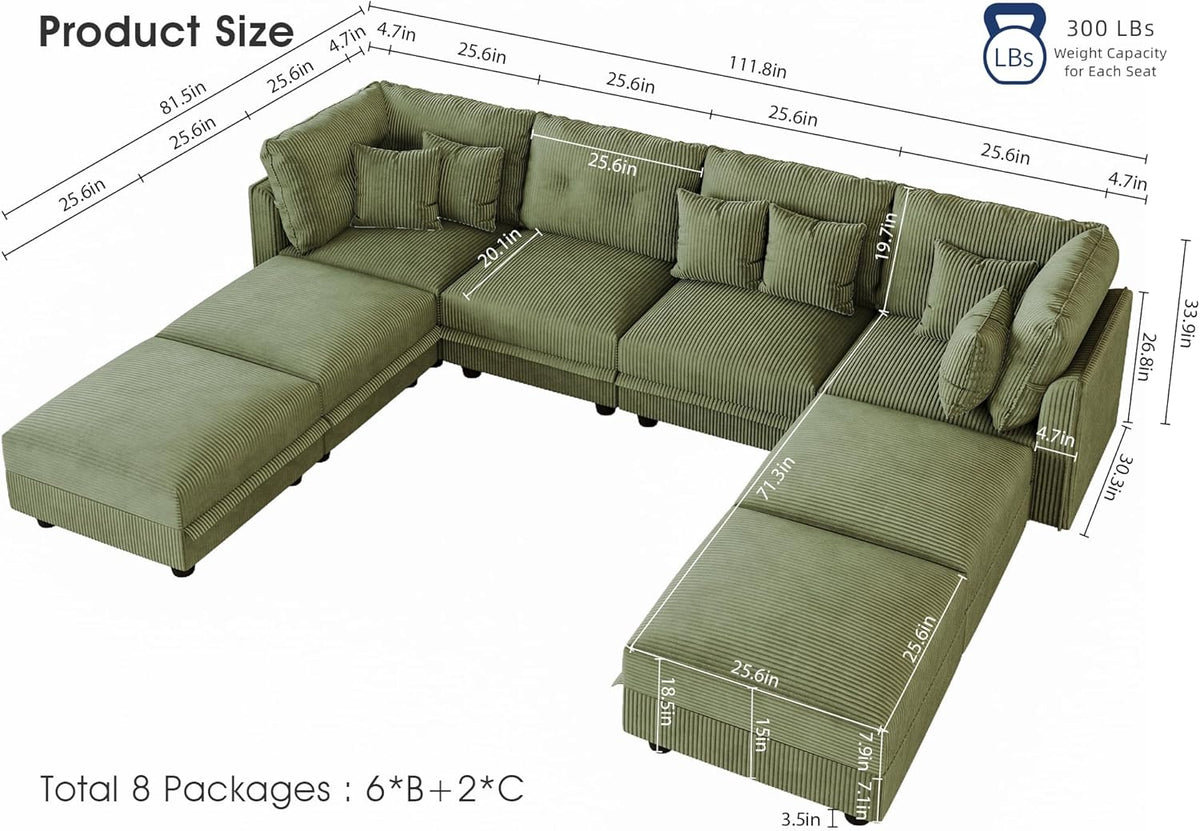 LLappuil Modular Sectional Sofa with Storage Seats, Corduroy Convertible Modular U Shaped Sectional