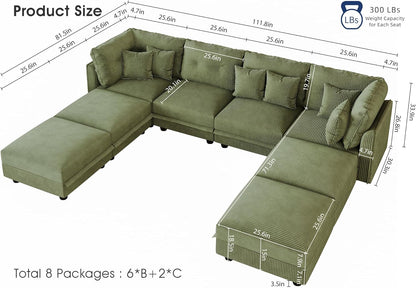 LLappuil Modular Sectional Sofa with Storage Seats, Corduroy Convertible Modular U Shaped Sectional