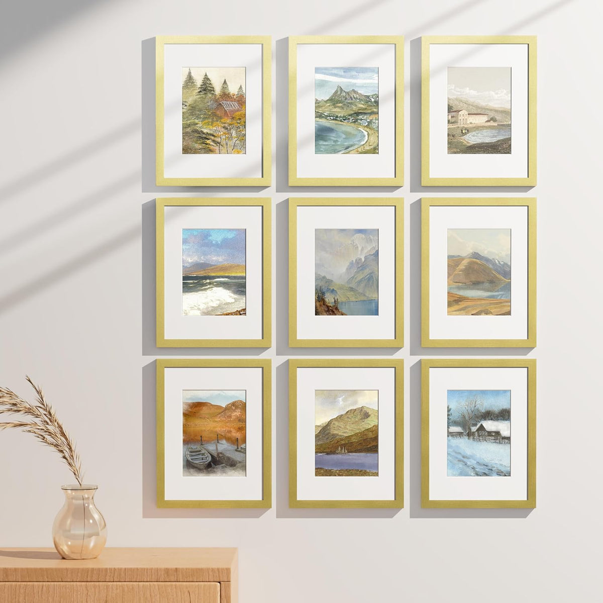 Vittanly 9x12 Picture Frames Set of 9, Shatter Resistant Plexiglass, Display 6x8 Pictures with Mat