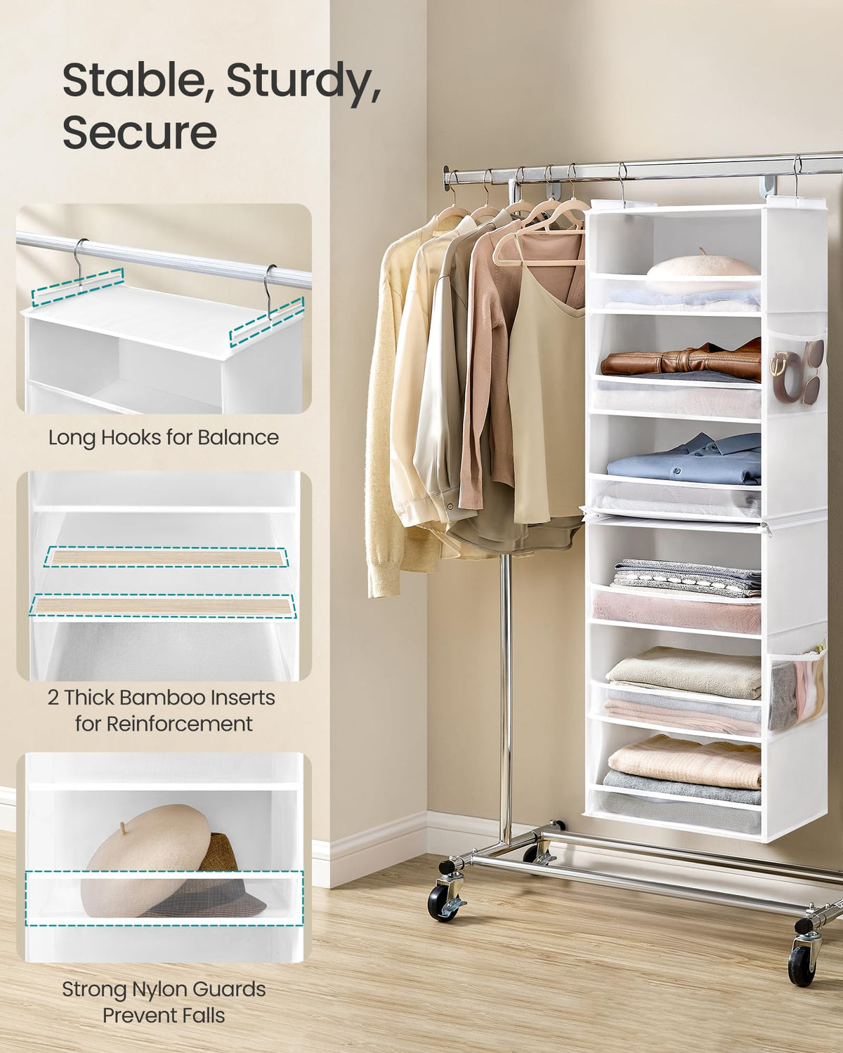 SONGMICS Hanging Closet Organizer, 6-Tier Fabric Storage Shelf, Separable Closet Hanging Shelf with