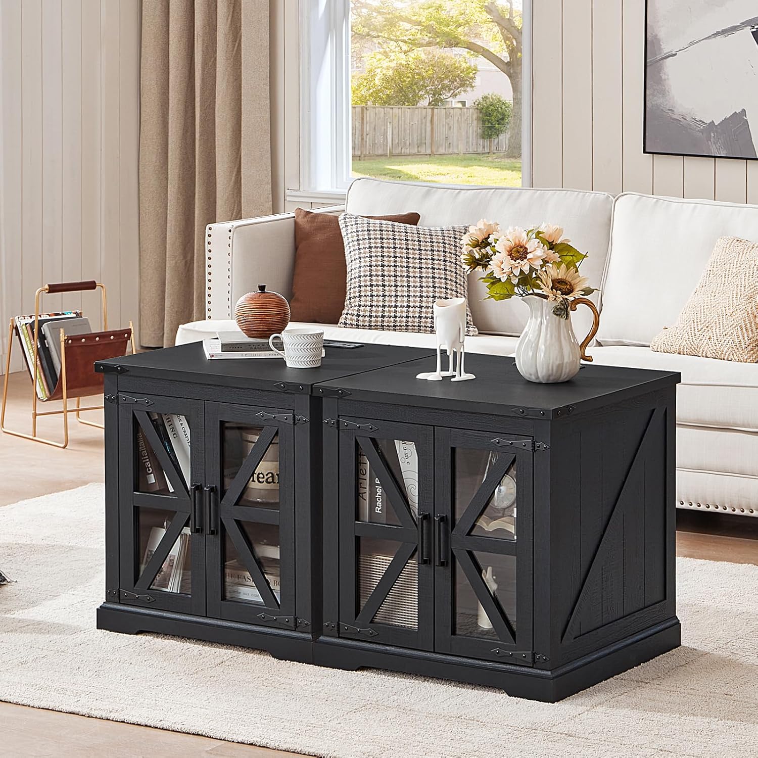 24" End Table Set of 2 with Charging Station, Farmhouse Night Stand with Glass Barn Door