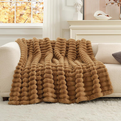 Cozy Bliss Faux Fur Throw Blanket for Couch, Cozy Warm Plush Striped Blanket for Sofa Bedroom