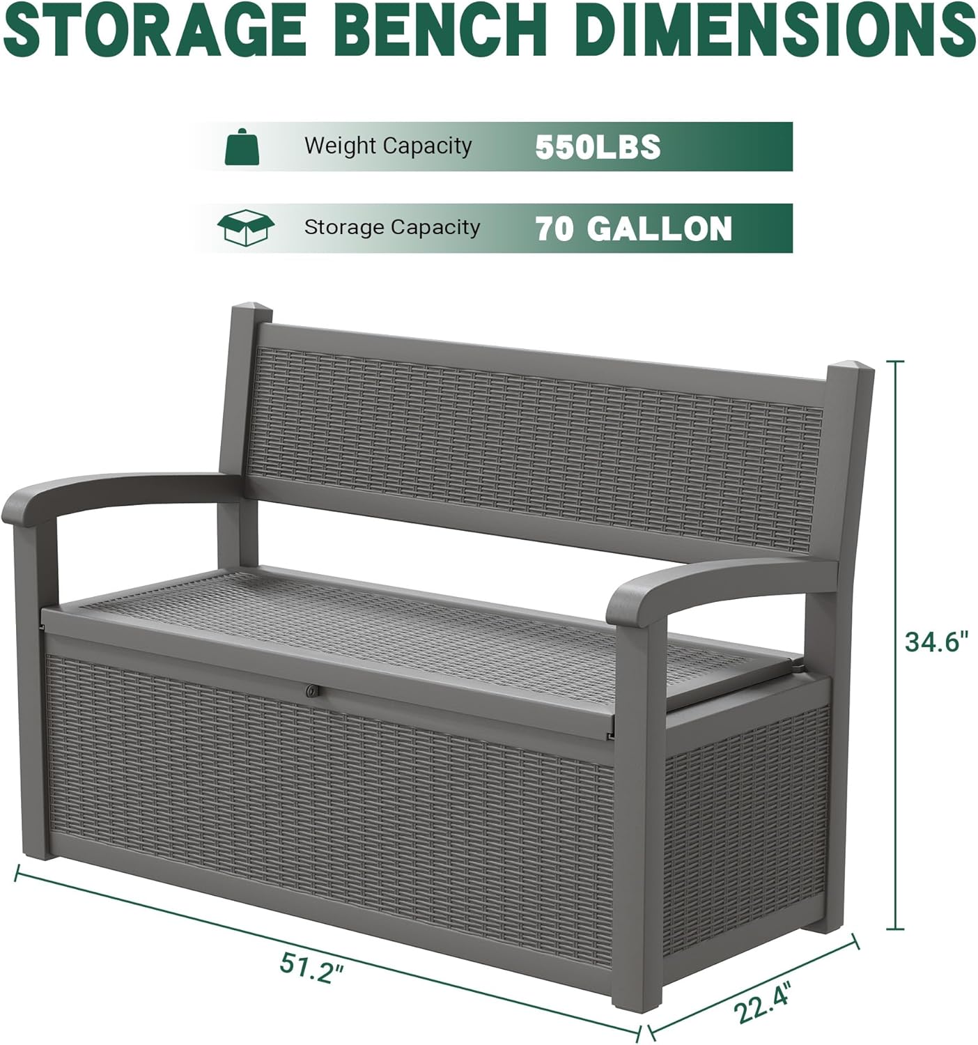 70 Gallon Outdoor Storage Box, Resin Patio Furniture with Armrest, Lockable Deck Box with