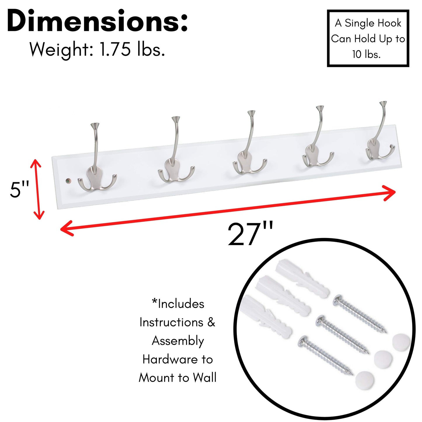 BIRDROCK HOME Tri Hook Coat Rack | 5 Hooks | Wall Mount Hat Rack | White Finish | Satin Nickel Hooks
