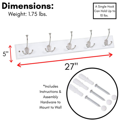 BIRDROCK HOME Tri Hook Coat Rack | 5 Hooks | Wall Mount Hat Rack | White Finish | Satin Nickel Hooks