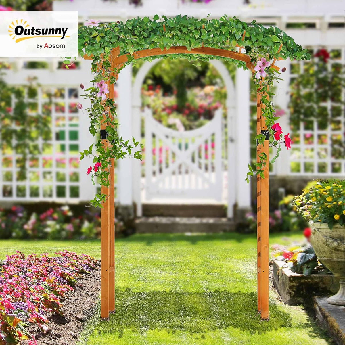 Outsunny 90in Wood Garden Arbor Arch with Trellis Wall for Climbing & Hanging Plants, Decor for