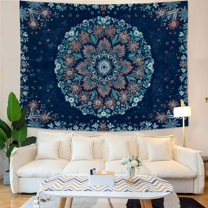 Fowocu Boho Floral Mandala Tapestry Wall Hanging Blue Bohemian Flower Medallion Tapestry Aesthetic
