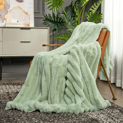 Cozy Bliss Faux Fur Throw Blanket for Couch, Cozy Warm Plush Striped Blanket for Sofa Bedroom