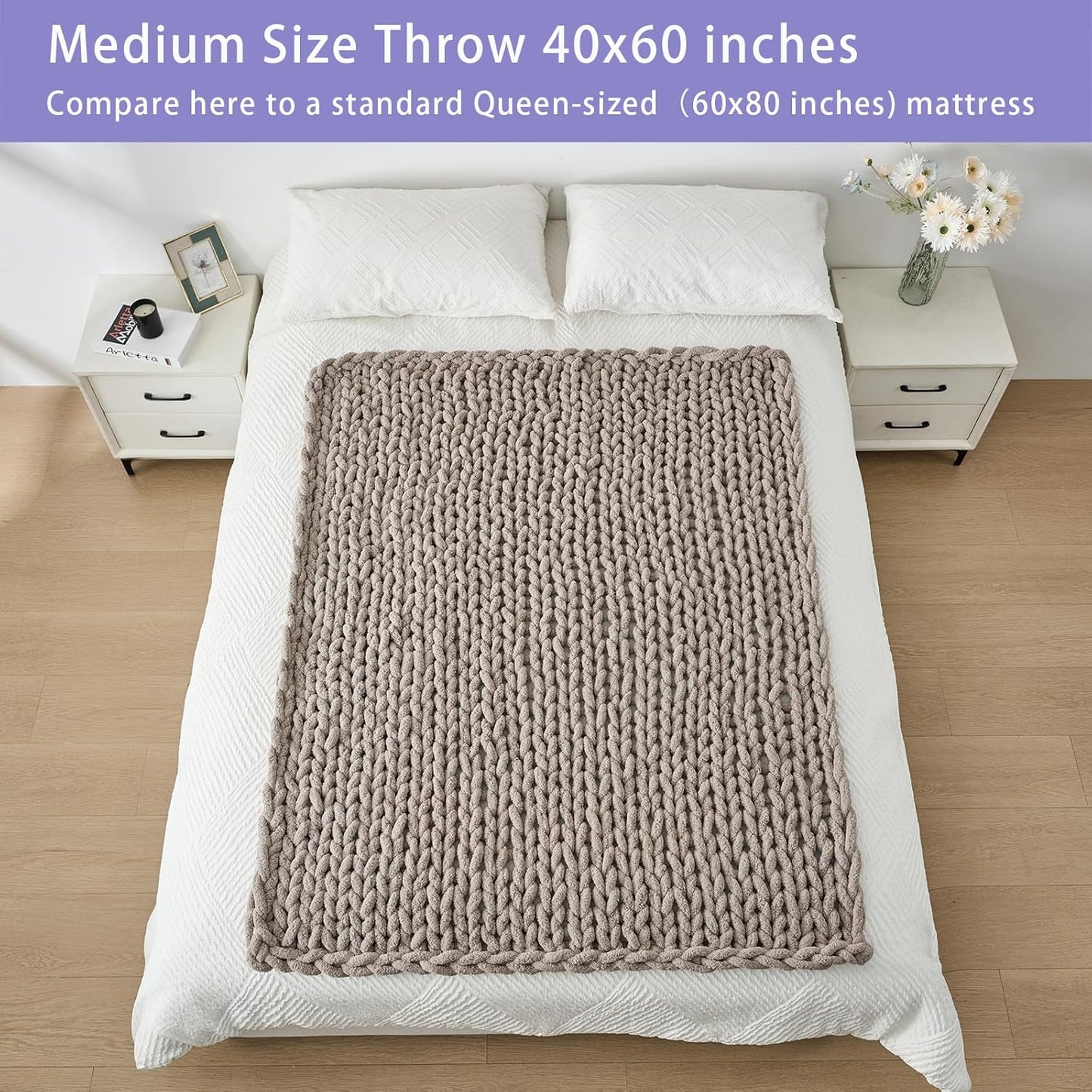 Bigacogo Chunky Knit Throw Blanket for Couch, 40x60 inches, 100% Hand Knitted with Thick Jumbo