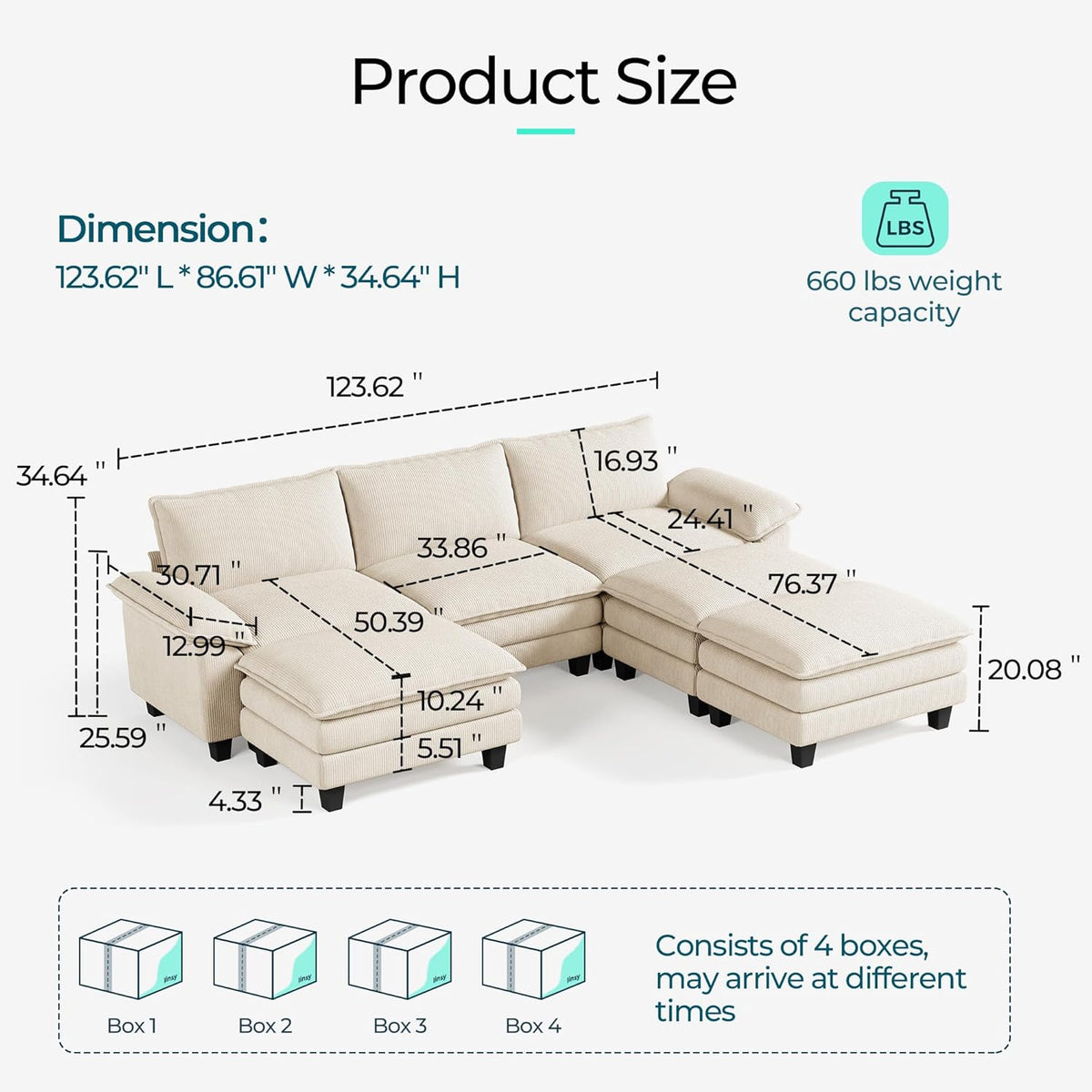 LINSY HOME Modular Sectional Sofa - 123'' Oversized Sleeper Sofa Cloud Couch Corduroy Sofa Bed with
