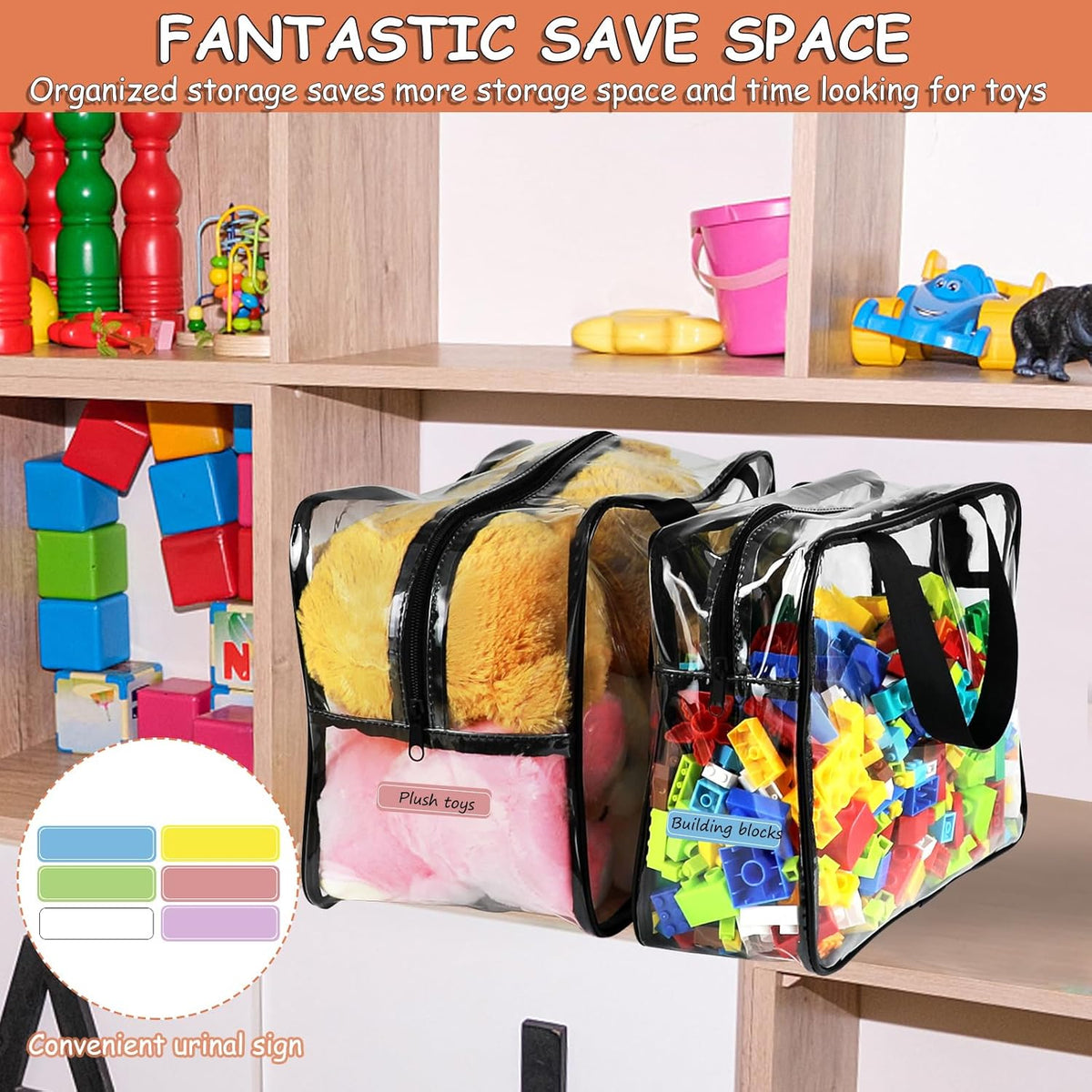 6 Packs Large Toy Storage Bags with Labels, Reusable Clear PVC Board Game Storage, Travel