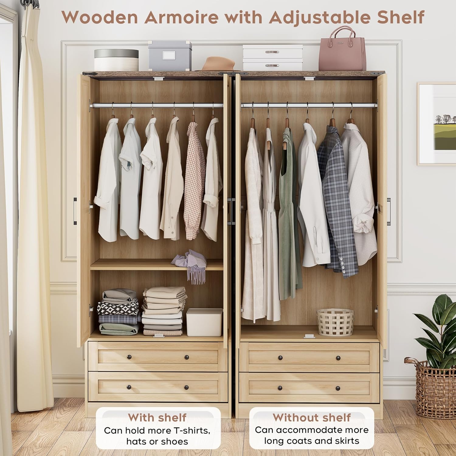 Brafab Wooden Armoire Wardrobe Closet with 2 Modern Doors, 71" Tall Freestanding Closet Wardrobe