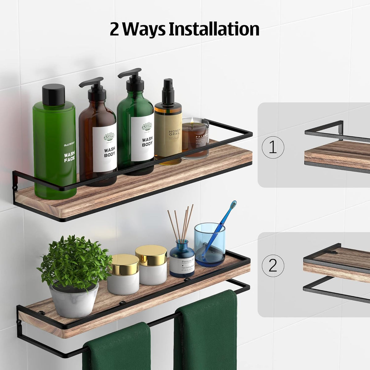 Meangood Floating Shelves Wall Mounted Set of 2, Rustic Wood Wall Storage Shelves for