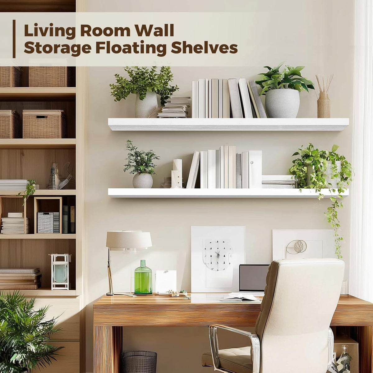 Floating Wall Shelves 2-Pack - 36-Inch Rustic White Wooden Shelves for Storage and Décor, Easy