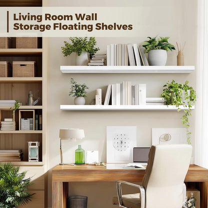 Floating Wall Shelves 2-Pack - 36-Inch Rustic White Wooden Shelves for Storage and Décor, Easy