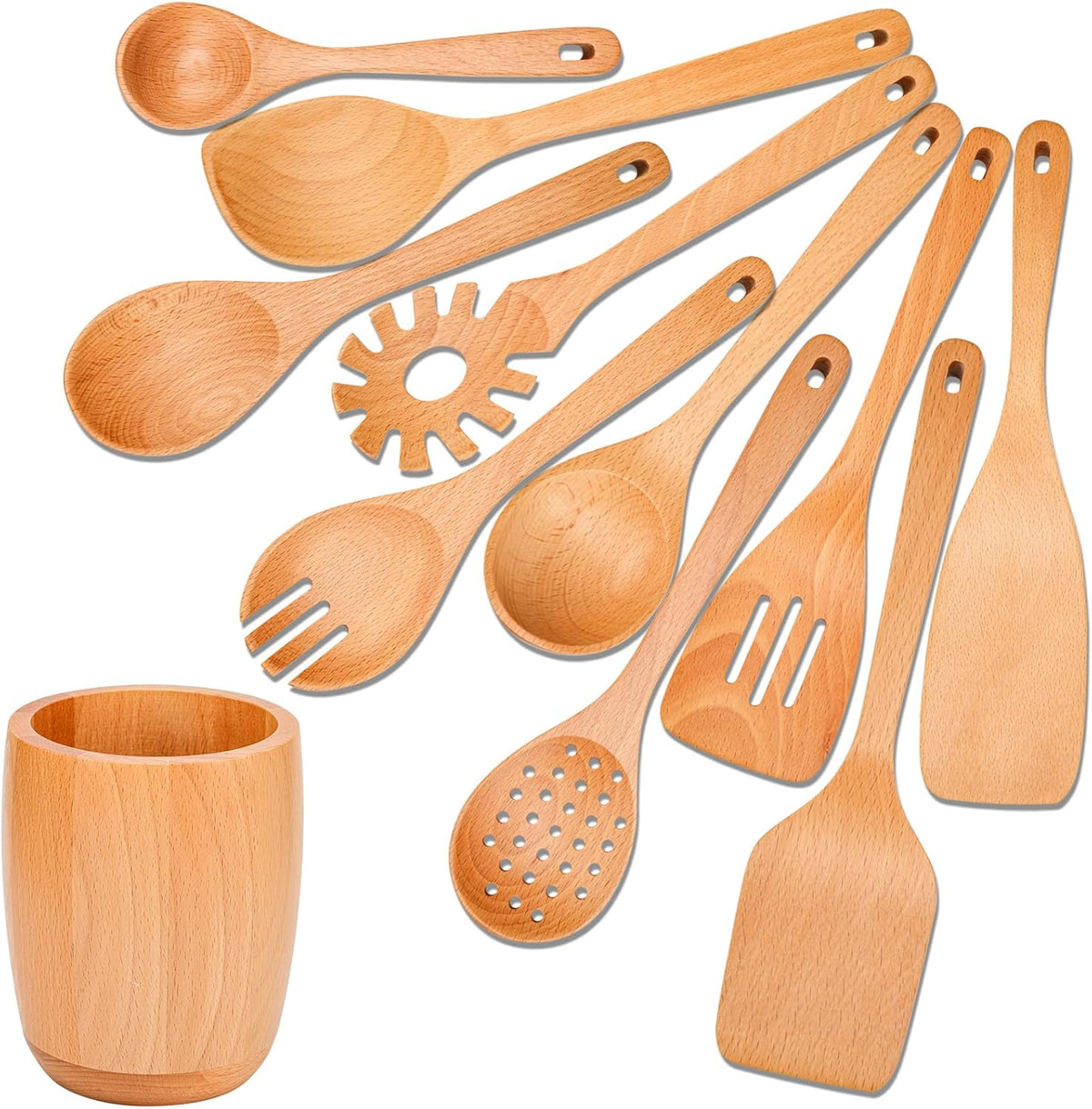 11 PCS WOSPONFAN Kitchen Utensils Set - Wooden Spoons for Cooking, Natural Beech Wood Wooden