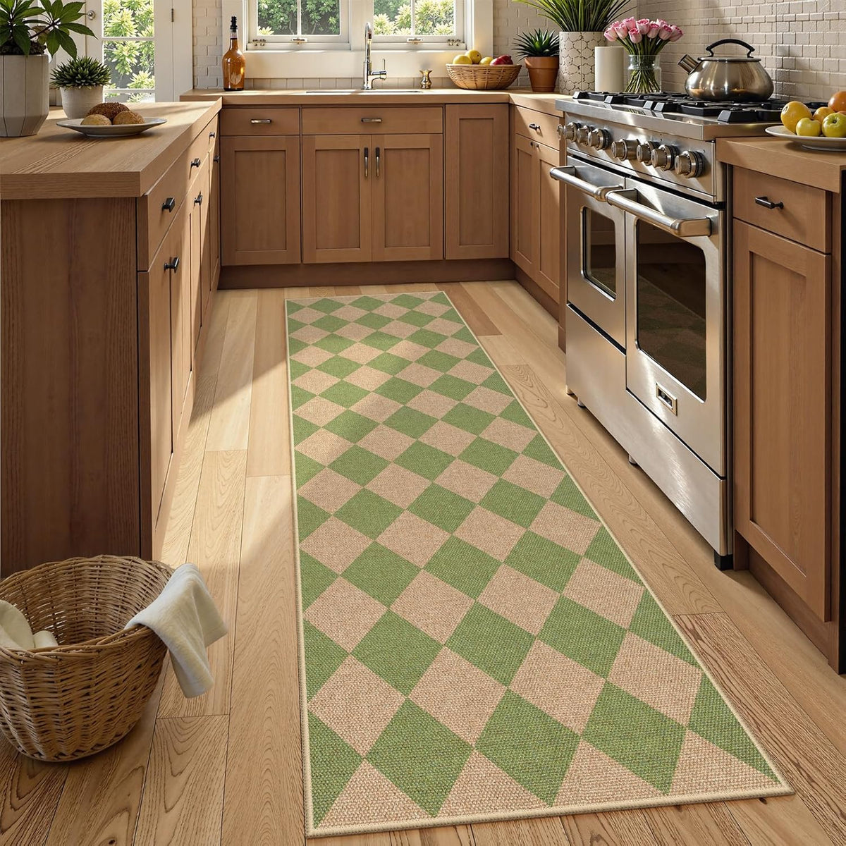 Lahome Checkered Green Runner Rug, 2x8 Carpet Runners for Hallway 8ft Non Slip Entryway Rug