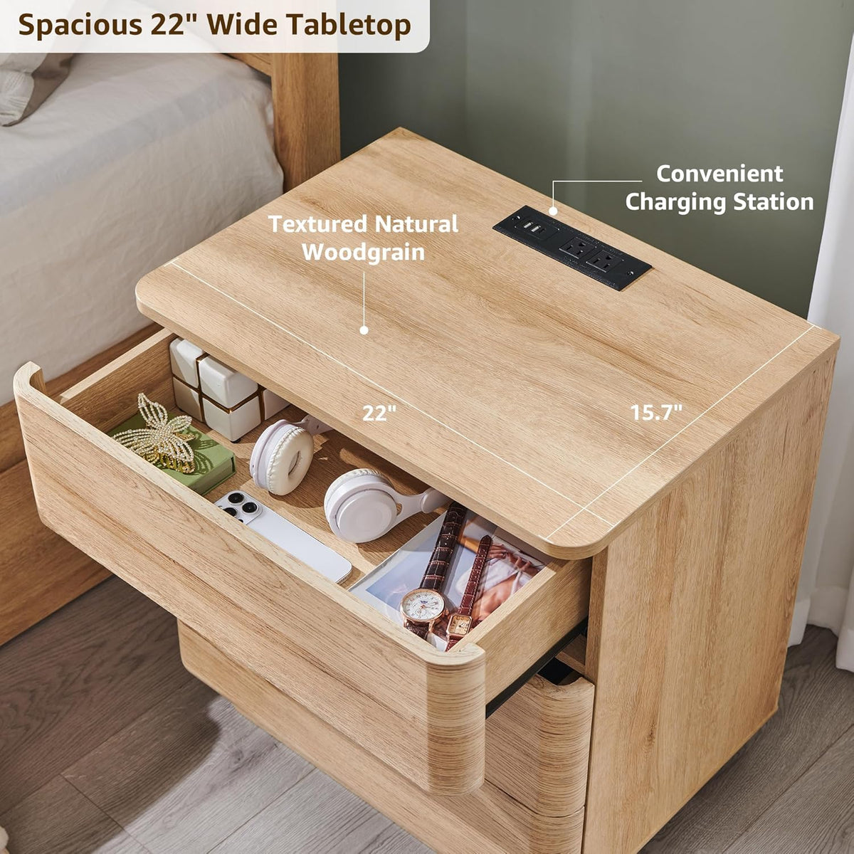 JXQTLINGMU 22" Modern Nightstand with Charging Station, Large Push-to-Open End Table, Wood Bedside