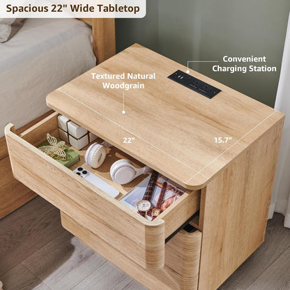 JXQTLINGMU 22" Modern Nightstand with Charging Station, Large Push-to-Open End Table, Wood Bedside