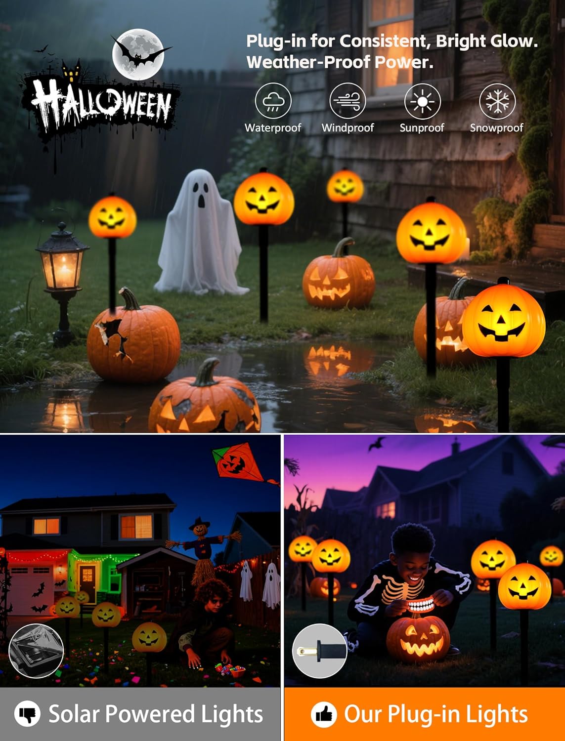 Classic Halloween Charm: 5 Pack Plug-in Pumpkin Pathway Lights Outdoor, Waterproof Jack o' Lantern