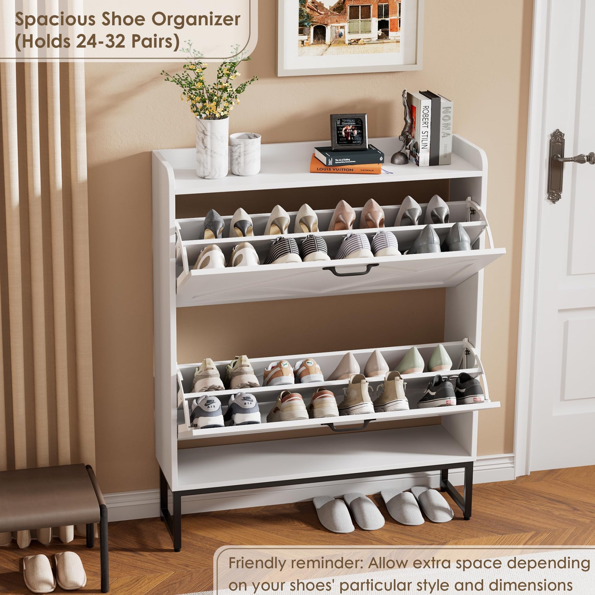 Nicetree Shoe Storage Cabinet with 2 Flip Drawers, Entryway Cabinet, White