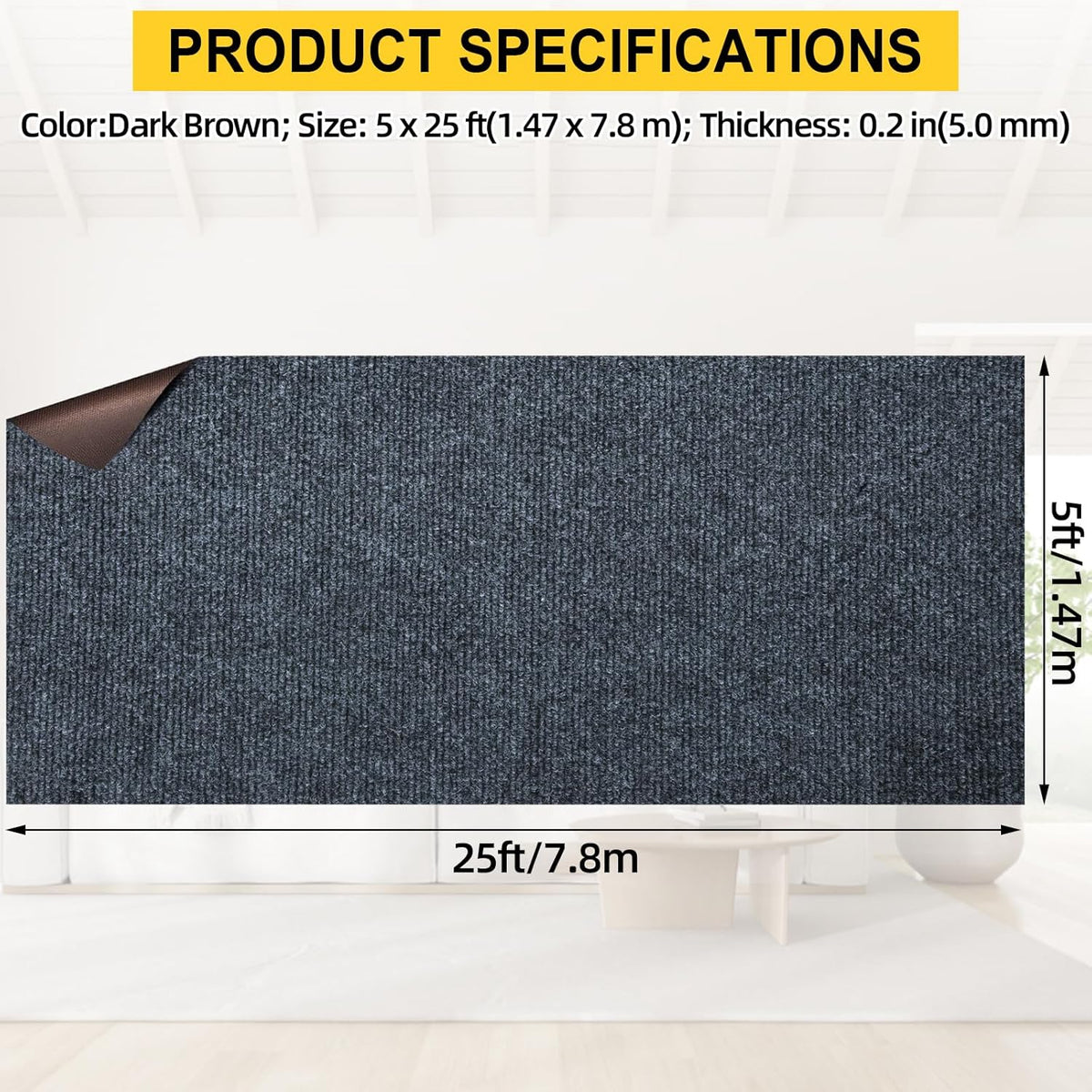 Marine Carpet,5 FT x 25 FT Dark Gray Indoor Outdoor Carpet 0.2" Thick Boat Carpet with Water-Proof
