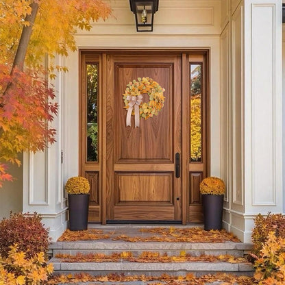 Fall Wreath for Front Door 24 Inch, Autumn Colored Faux Leaves Wreath with Bow, Simple & Minimalist